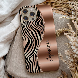 Glam Rose Gold Black Tiger Stripes Name iPhone 13 Case