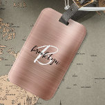Glam Rose Gold Brushed Metal Black White Monogram  Luggage Tag<br><div class="desc">This elegant personalised luggage tag feature a monogram and first name in modern black and white script on a glam rose gold faux brushed metal background.</div>