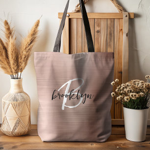 Glam Rose Gold Brushed Metal Black White Monogram  Tote Bag