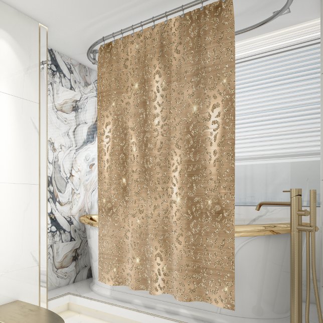 Glam Rose Gold Brushed Metal Glitter Leopard Print Shower Curtain (Creator Uploaded)