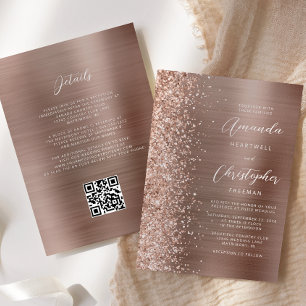 Glam Rose Gold Brushed Metal QR Code Wedding Invitation