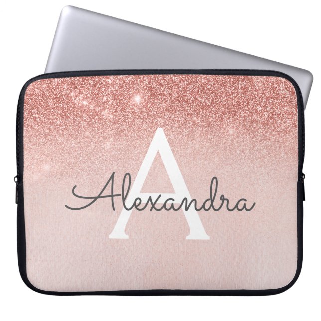 Glam Rose Gold Glitter and Sparkle Monogram Laptop Sleeve (Front)
