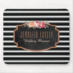 Glam Rose Gold Glitter Black Stripes Monogram Mouse Pad