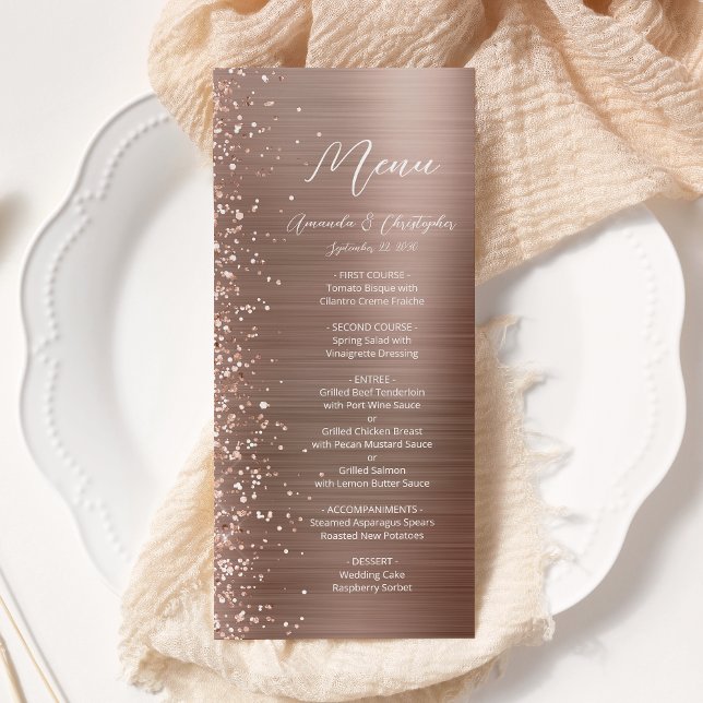 Glam Rose Gold Glitter Brushed Metal Wedding Menu (Creator Uploaded)