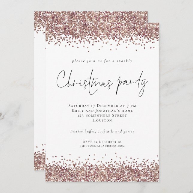 Glam Rose Gold Glitter Christmas Party Invitation (Front/Back)