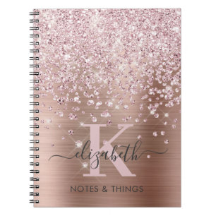 Glam Rose Gold Glitter Diamond Script Monogrammed Notebook