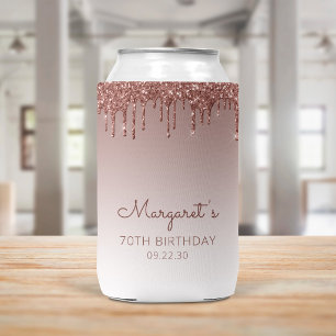 Glam Rose Gold Glitter Drip 70th Birthday Party Can Cooler