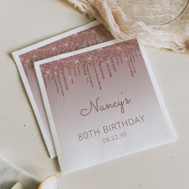 Glam Rose Gold Glitter Drip 80th Birthday Party Napkin (Creator Uploaded)