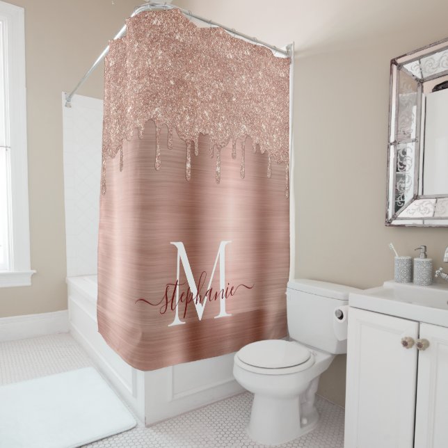 Glam Rose Gold Glitter Drip Elegant Monogram Shower Curtain (In Situ)