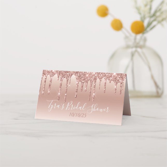 Glam Rose Gold Glitter Drip Elegant Personalised Place Card (Back)