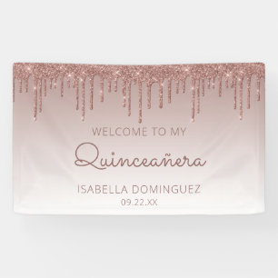 Glam Rose Gold Glitter Drip Quinceañera Banner
