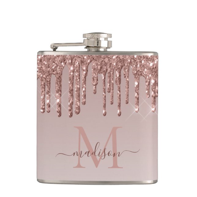 Glam Rose Gold Glitter Dripping Sparkle Monogram Hip Flask (Front)