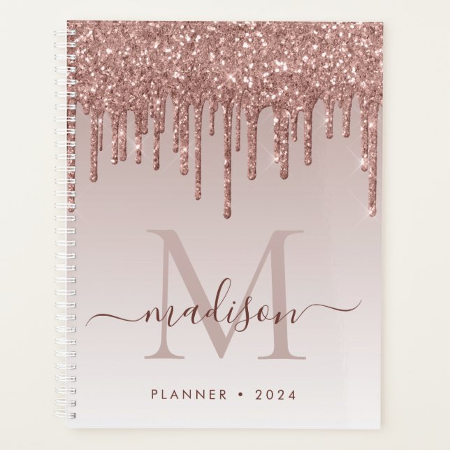 Glam Rose Gold Glitter Drips Elegant Monogram 2021 Planner (Front)