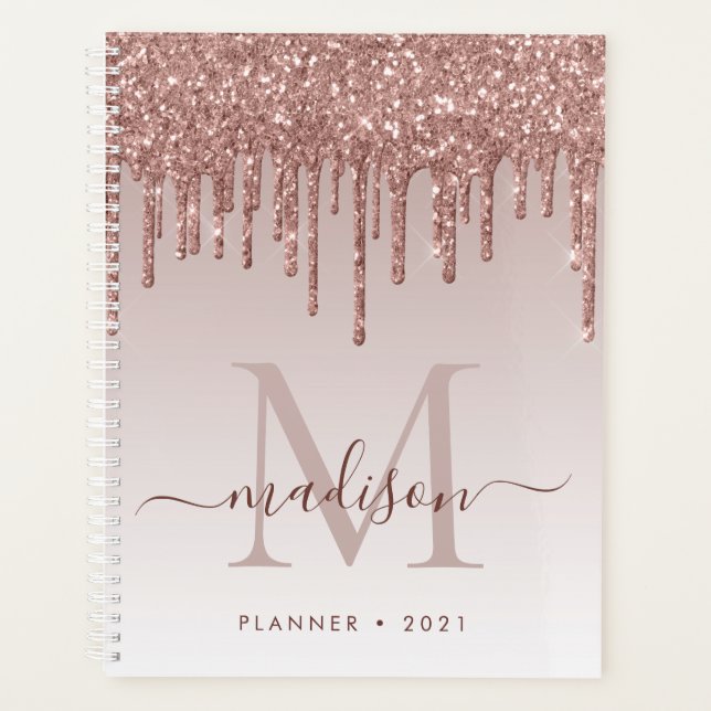 Glam Rose Gold Glitter Drips Elegant Monogram Planner (Front)