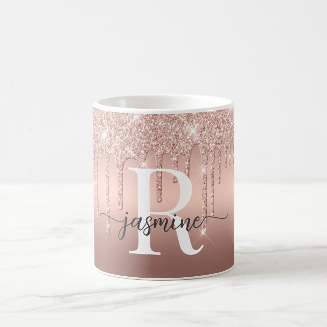 Glam Rose Gold Glitter Drips Ombre Metal Monogram  Coffee Mug (Center)