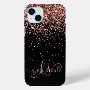 Glam Rose Gold Glitter Elegant Monogram iPhone 15 Mini Case