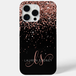 Glam Rose Gold Glitter Elegant Monogram iPhone 15 Pro Max Case