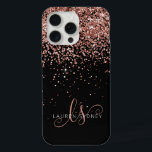 Glam Rose Gold Glitter Elegant Monogram iPhone 15 Pro Max Case<br><div class="desc">Glam Rose Gold Glitter Elegant Monogram iPhone Case. Easily personalise this trendy chic phone case design featuring elegant rose gold sparkling glitter on a black background. The design features your handwritten script monogram with pretty swirls and name.</div>