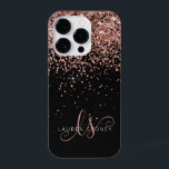 Glam Rose Gold Glitter Elegant Monogram iPhone 14 Pro Case<br><div class="desc">Glam Rose Gold Glitter Elegant Monogram iPhone Case. Easily personalise this trendy chic phone case design featuring elegant rose gold sparkling glitter on a black background. The design features your handwritten script monogram with pretty swirls and name.</div>