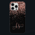 Glam Rose Gold Glitter Elegant Monogram iPhone 15 Pro Max Case<br><div class="desc">Glam Rose Gold Glitter Elegant Monogram iPhone Case. Easily personalise this trendy chic phone case design featuring elegant rose gold sparkling glitter on a black background. The design features your handwritten script monogram with pretty swirls and name.</div>