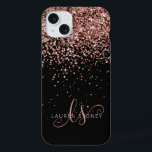 Glam Rose Gold Glitter Elegant Monogram iPhone 15 Plus Case<br><div class="desc">Glam Rose Gold Glitter Elegant Monogram iPhone Case. Easily personalise this trendy chic phone case design featuring elegant rose gold sparkling glitter on a black background. The design features your handwritten script monogram with pretty swirls and name.</div>