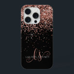 Glam Rose Gold Glitter Elegant Monogram iPhone 15 Pro Case<br><div class="desc">Glam Rose Gold Glitter Elegant Monogram iPhone Case. Easily personalise this trendy chic phone case design featuring elegant rose gold sparkling glitter on a black background. The design features your handwritten script monogram with pretty swirls and name.</div>