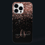 Glam Rose Gold Glitter Elegant Monogram iPhone 14 Pro Max Case<br><div class="desc">Glam Rose Gold Glitter Elegant Monogram iPhone Case. Easily personalize this trendy chic phone case design featuring elegant rose gold sparkling glitter on a black background. The design features your handwritten script monogram with pretty swirls and name.</div>