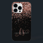Glam Rose Gold Glitter Elegant Monogram iPhone 14 Pro Max Case<br><div class="desc">Glam Rose Gold Glitter Elegant Monogram iPhone Case. Easily personalize this trendy chic phone case design featuring elegant rose gold sparkling glitter on a black background. The design features your handwritten script monogram with pretty swirls and name.</div>