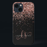Glam Rose Gold Glitter Elegant Monogram iPhone 13 Case<br><div class="desc">Glam Rose Gold Glitter Elegant Monogram iPhone Case. Easily personalize this trendy chic phone case design featuring elegant rose gold sparkling glitter on a black background. The design features your handwritten script monogram with pretty swirls and name.</div>