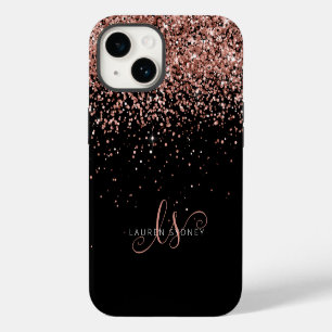 Glam Rose Gold Glitter Elegant Monogram iPhone 14 Case