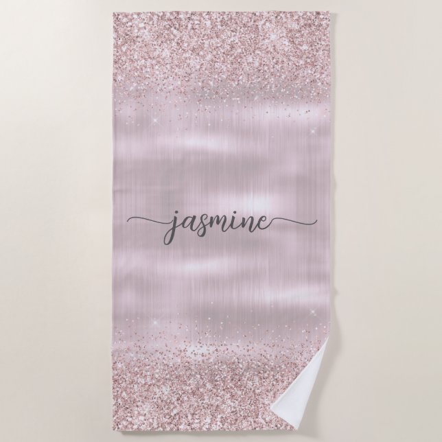 Glam Rose Gold Glitter Monogram Name Girly Script  Beach Towel (Front)