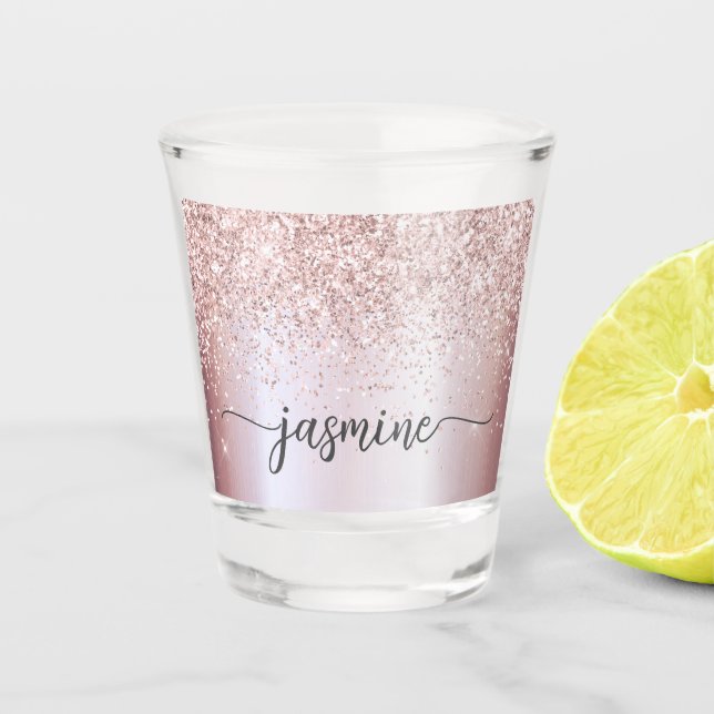 Glam Rose Gold Glitter Monogram Name Script Shot Glass (Front)