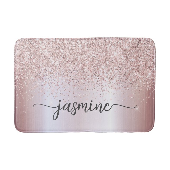 Glam Rose Gold Glitter Monogram Typography Bath Ma Mat (Front)