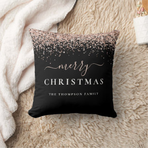 Glam Rose Gold Glitter Name Black Merry Christmas Cushion