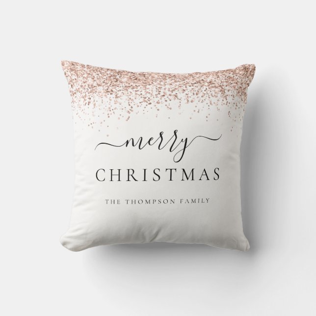 Glam Rose Gold Glitter Name White Merry Christmas Cushion (Front)
