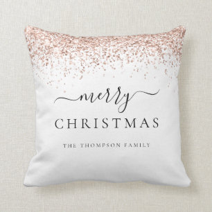 Glam Rose Gold Glitter Name White Merry Christmas Cushion