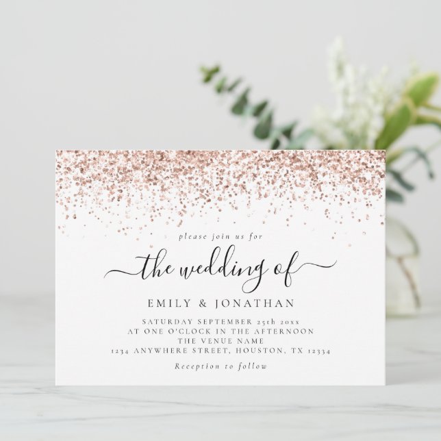 Glam Rose Gold Glitter Script Wedding Invitation (Standing Front)