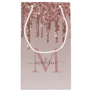 Glam Rose Gold Glitter Sparkle Drips Monogram Small Gift Bag