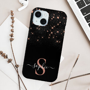 Glam Rose Gold Glitter Sparkling Elegant Monogram iPhone 15 Case