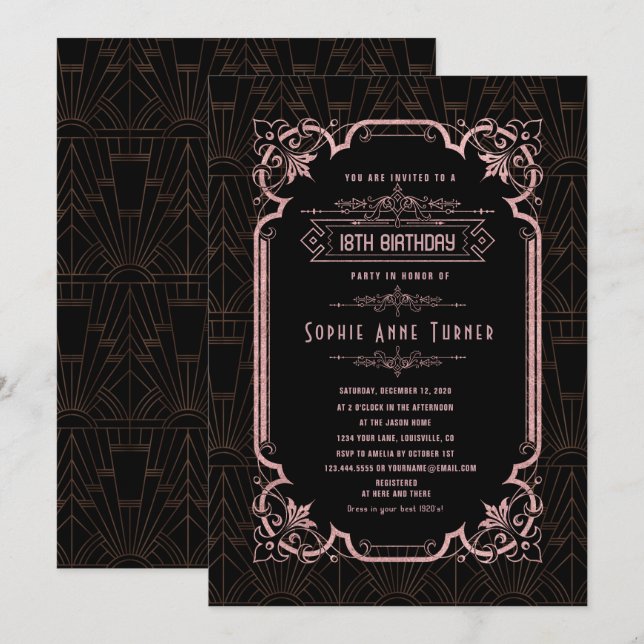 Glam Rose Gold Great Gatsby 18th Birthday Invitation (Front/Back)