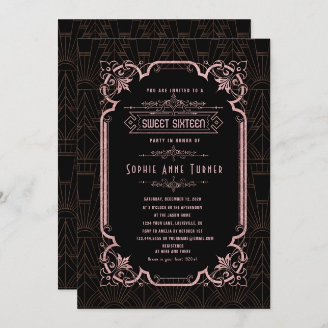 Glam Rose Gold Great Gatsby Sweet Sixteen Invitation (Front/Back)