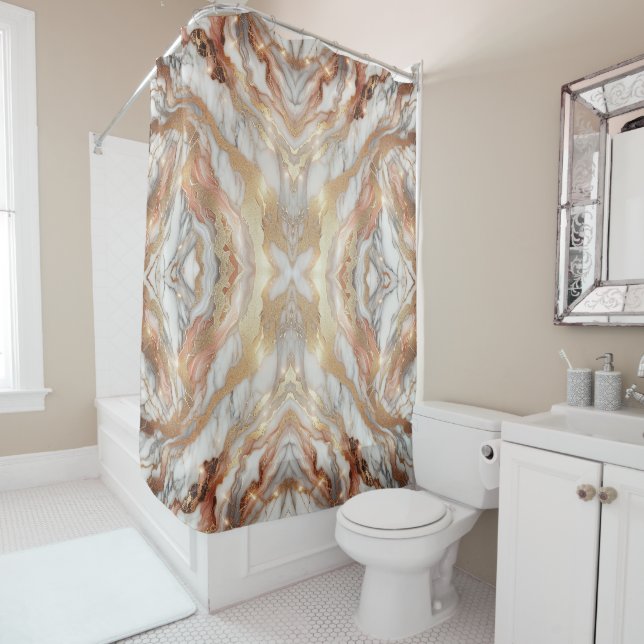 Glam Rose Gold Luxurious Trendy Marble Butterfly Shower Curtain (In Situ)