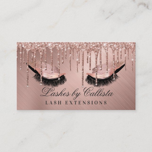 Glam Rose Gold Metallic Glitter Drips Lashes Eyes Business Card (Front)