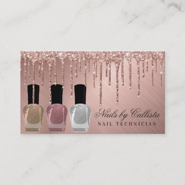 Glam Rose Gold Metallic Glitter Drips Nail Polish Business Card (Front)