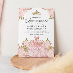 Glam Rose Gold Pink Dress Floral 15th Quinceañera Invitation