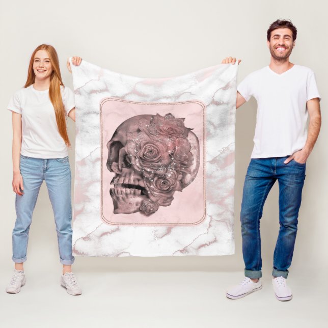 Glam Rose Gold Pink Skull Marble Fleece Blanket (In Situ)
