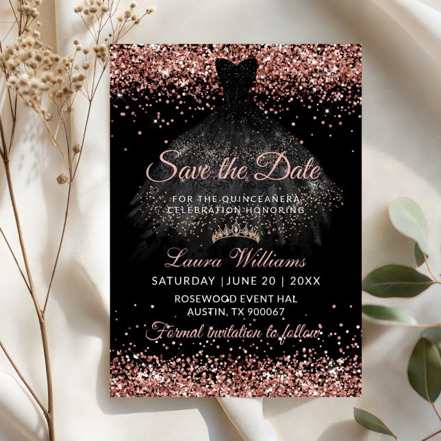 Glam Rose Gold Princess Quinceañera Save the Date Invitation (Rose Gold and Black Dress princess Quinceanera Save the date Invitation)