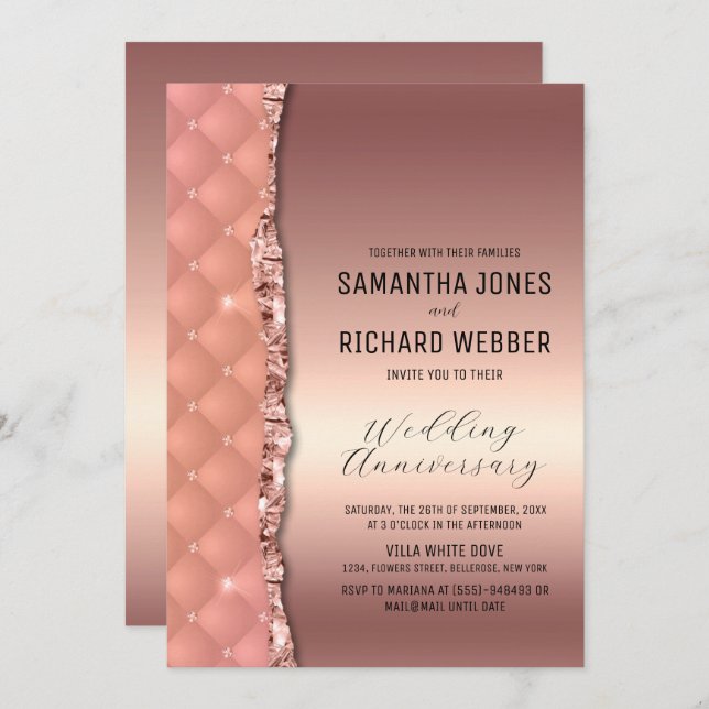 Glam Rose Gold Ripped Glitter Metallic Anniversary Invitation (Front/Back)