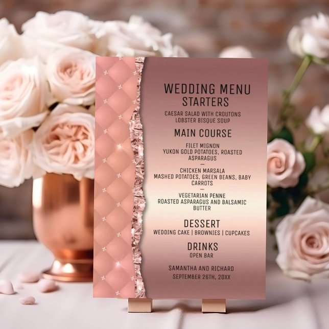 Glam Rose Gold Ripped Glitter Metallic Wedding Menu (Creator Uploaded)