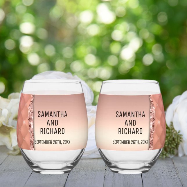 Glam Rose Gold Ripped Glitter Metallic Wedding Stemless Wine Glass (Creator Uploaded)
